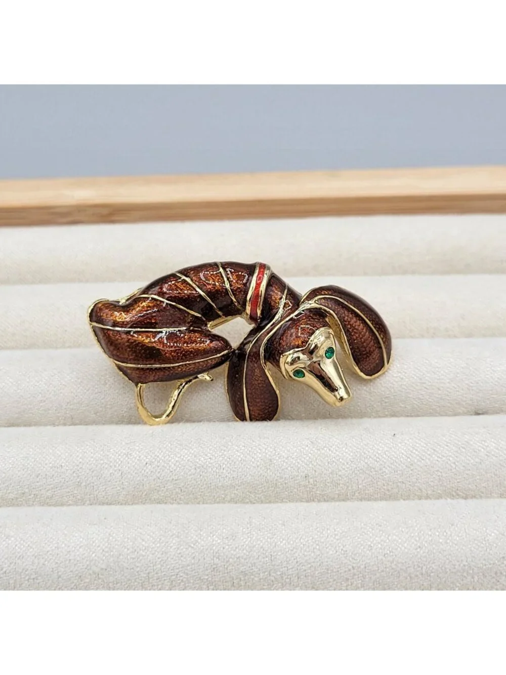 Gold Tone Enamel Coated Dachshund Dog Puppy Brooch Green Rhinestone Eyes